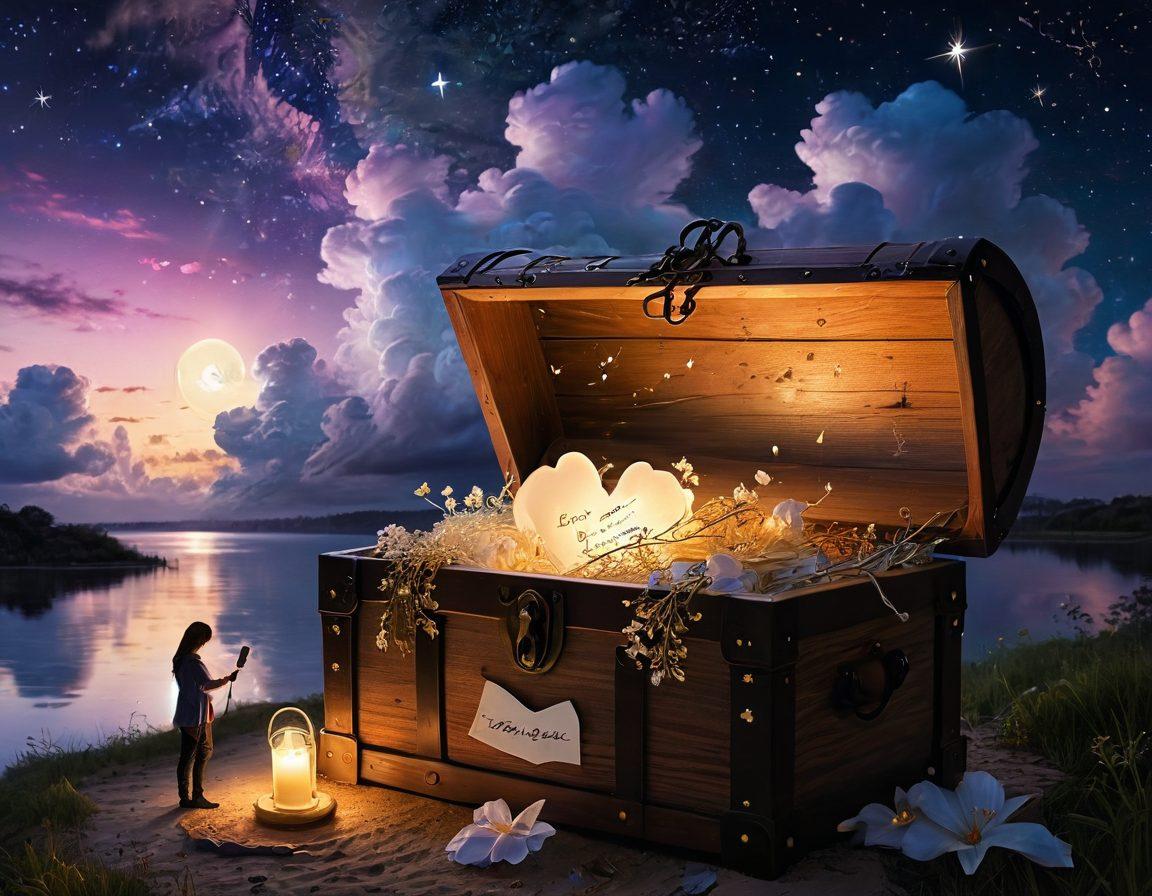 A heart-shaped key unlocking a treasure chest filled with glowing love letters and romantic mementos, surrounded by soft, dreamy clouds and a starry night sky. A silhouette of a couple in the background, reaching for each other. Ethereal light illuminating the scene, evoking feelings of love and connection. painting. vibrant colors. romantic atmosphere.