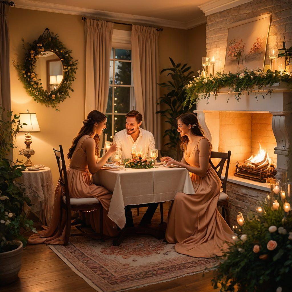 A warm and cozy scene of a couple enjoying a candle-lit dinner at a beautifully set table, surrounded by soft fairy lights. They are smiling at each other, sharing intimate moments, while the background features a fireplace glowing softly. Lush greenery and romantic decor elements enhance the atmosphere, symbolizing companionship and love's journey. painting. warm colors. intimate atmosphere.